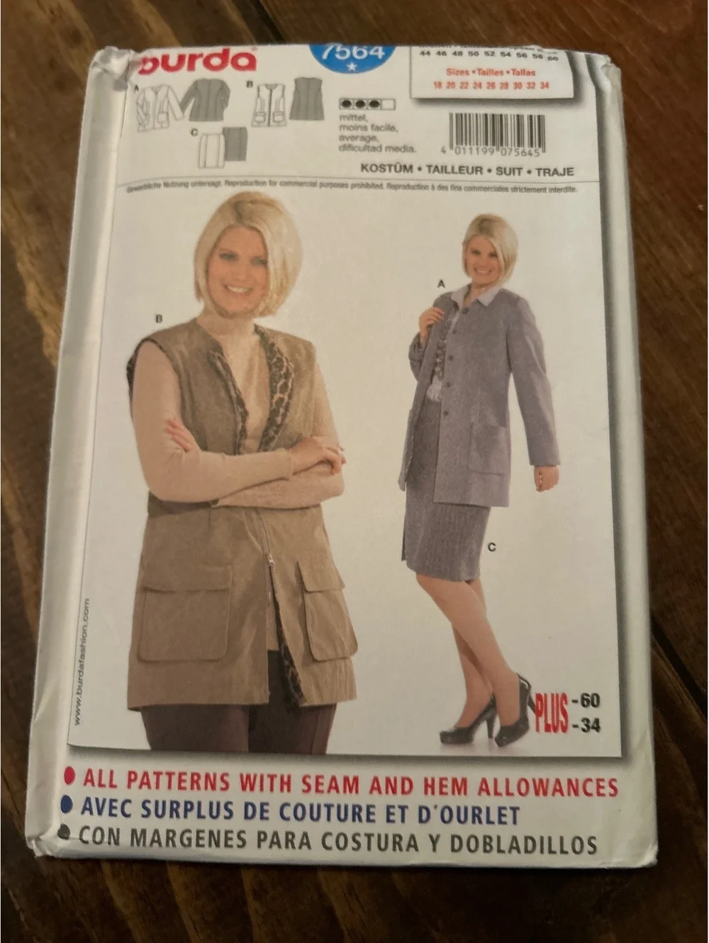 Burda 7564 Semi-Fitted Suit Pattern - Uncut, Fair Condition